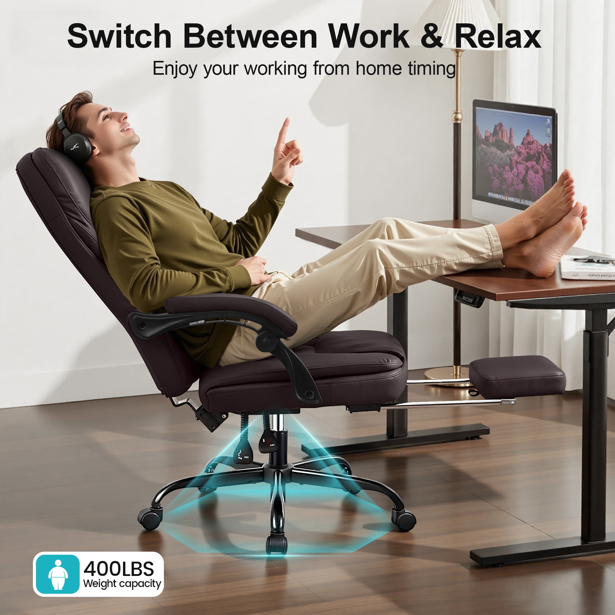 COOLHUT Executive Office Chair, Big and Tall Office Chair with Footrest Reclining Faux Leather Chair High Back Lumbar Support Ergonomic Office Chair with Padded Armrests, Coffee