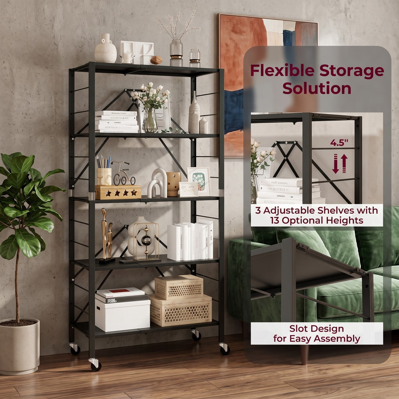 Furnibear 5-Tier Foldable Storage Shelf with Wheels, Adjustable Extendable Metal Utility Rack for Kitchen Living Room Study Tool Room, Rolling Storage Organizer, Black