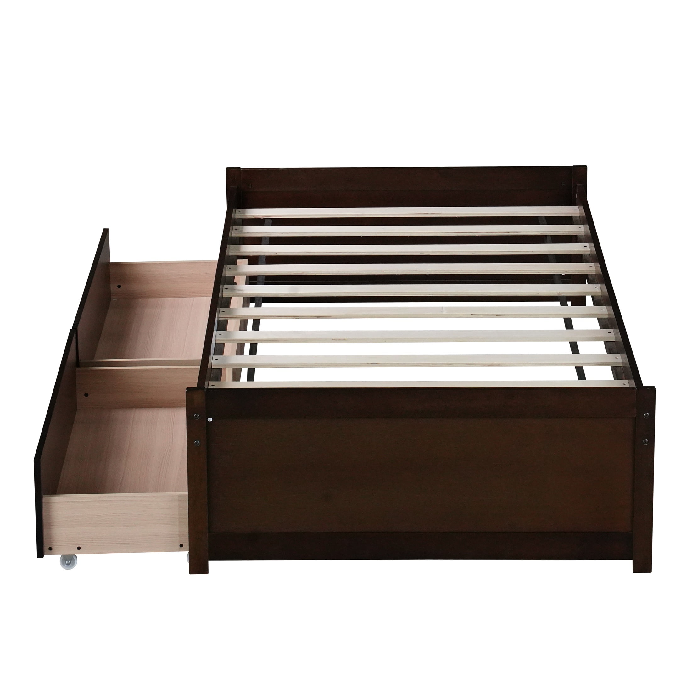 PORKISS Twin Bed Frame, Solid Wood Platform Bed with 2 Drawers, Pine Wood Bed for Kids Teens Adults, No Box Spring Needed, Espresso #2