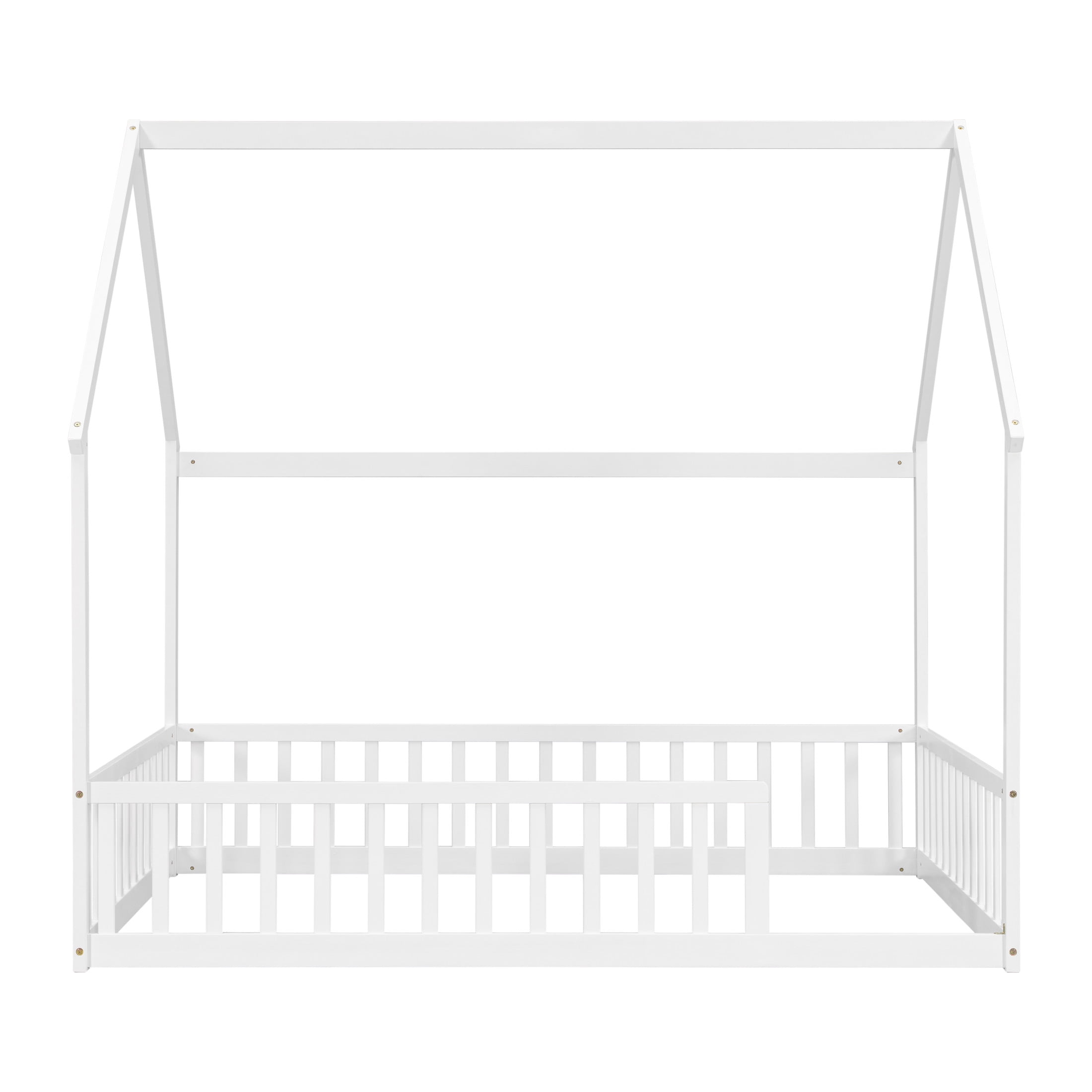 Noble House Morde Full Size House Floor Bed with Gable Roof Frame & Safety Guardrails, Pine Wooden Bed Frame, White