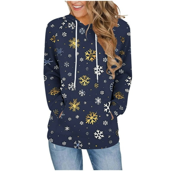 MELDVDIB Womens Christmas Print Hoodies Fall Winter Long Sleeve Hooded Sweatshirt with Front Pocket for Winter Daily Wear Casual Pullover Outfits Navy 2XL