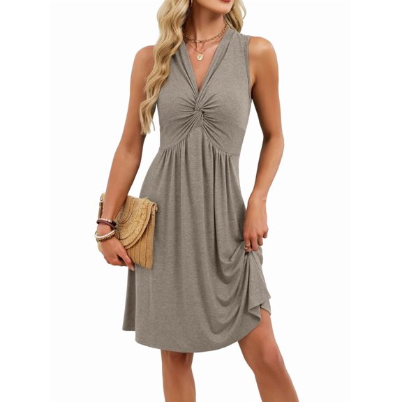 Women'S Twist Front V Neck Ruffle Summer Dress Elegant Sleeveless Club Party Tunic Bodycon Mini Dresses Brown L
