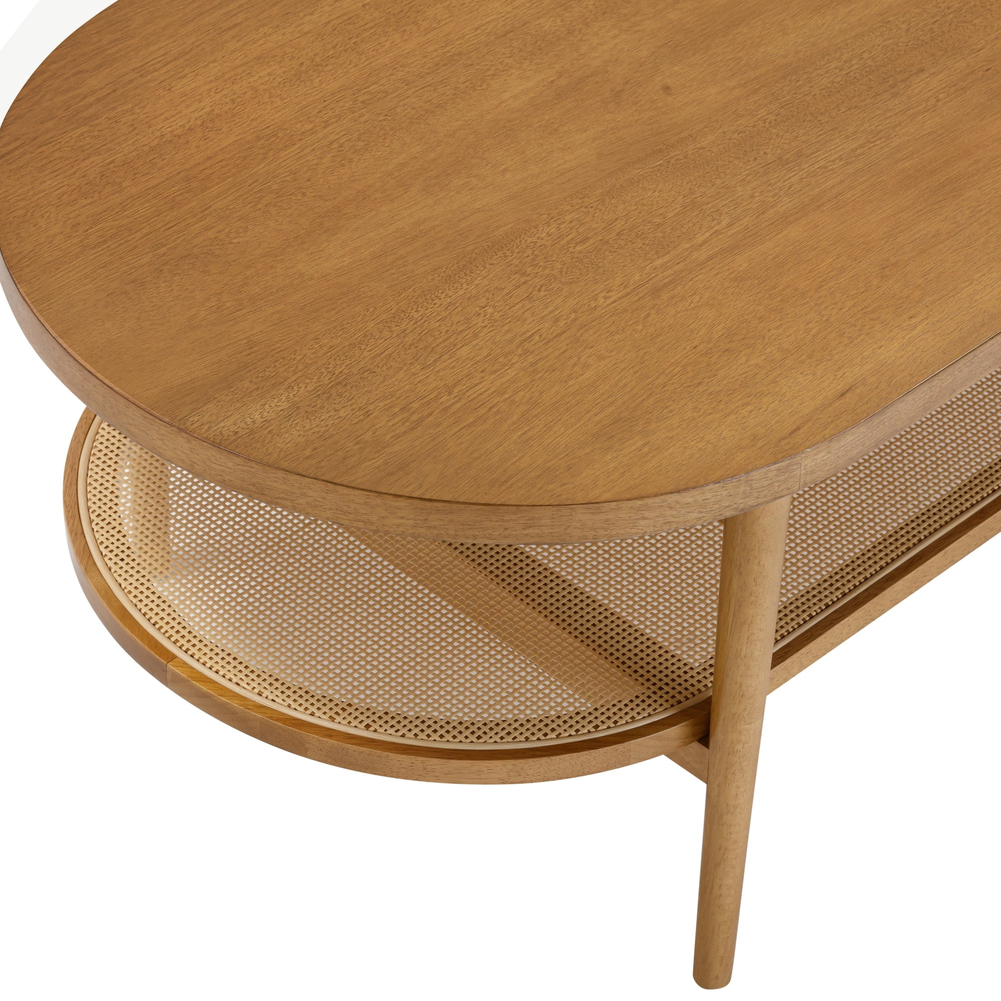 Nathan James Sonia Bohemian 2-Tier Oval Coffee Table, Living Room Cane Table with Storage Shelf and Mid-Century Legs in Honey Brown Wood with Rattan Accent