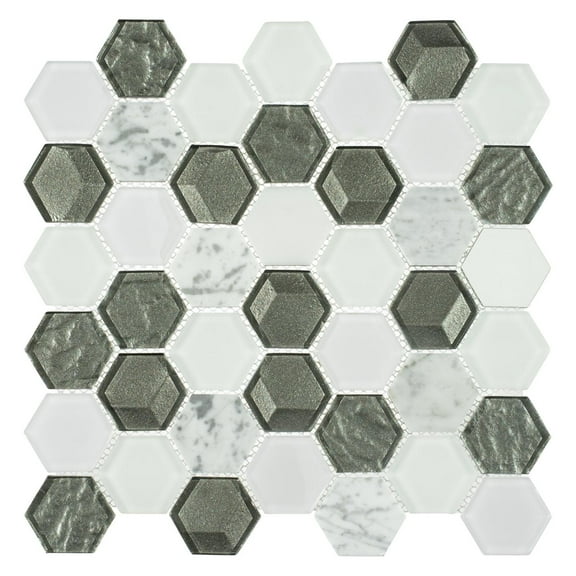 Xen Angels Gray 2-in. Honeycomb Polished Glass and Natural Stone Mosaic Wall Tile
