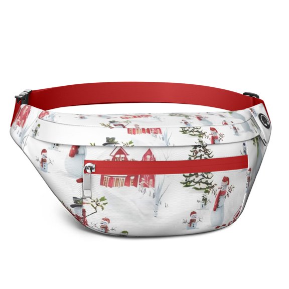 Fanny Pack White Christmas Snowman Pattern Waist Pack Bag,Running Cross Bag,Waterproof Large Fanny Packs for Women Men for Travel Running Hiking Cycling