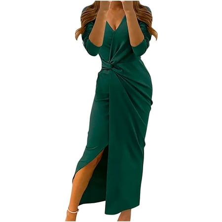 Frostluinai Fall Dresses For Women 2022 Homecoming Dresses Women Sexy Casual V-Neck Long Sleeve Solid Color High Split Sheath Ankle-Length Dress