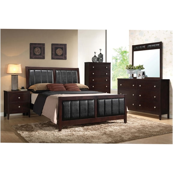 JERFIT 5-Piece Eastern King Bedroom Set in Cappuccino with Black Faux Leather Upholstery, Modern Wood Bed, Dresser, Mirror, Chest and Nightstand