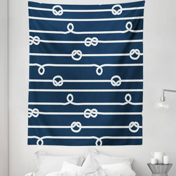Navy Blue Tapestry, Horizontal Marine Knots Undone Bowline Sailor Sailing Theme Summer Sun Print, Fabric Wall Hanging Decor for Bedroom Living Room Dorm, 5 Sizes, White and Blue, by Ambesonne