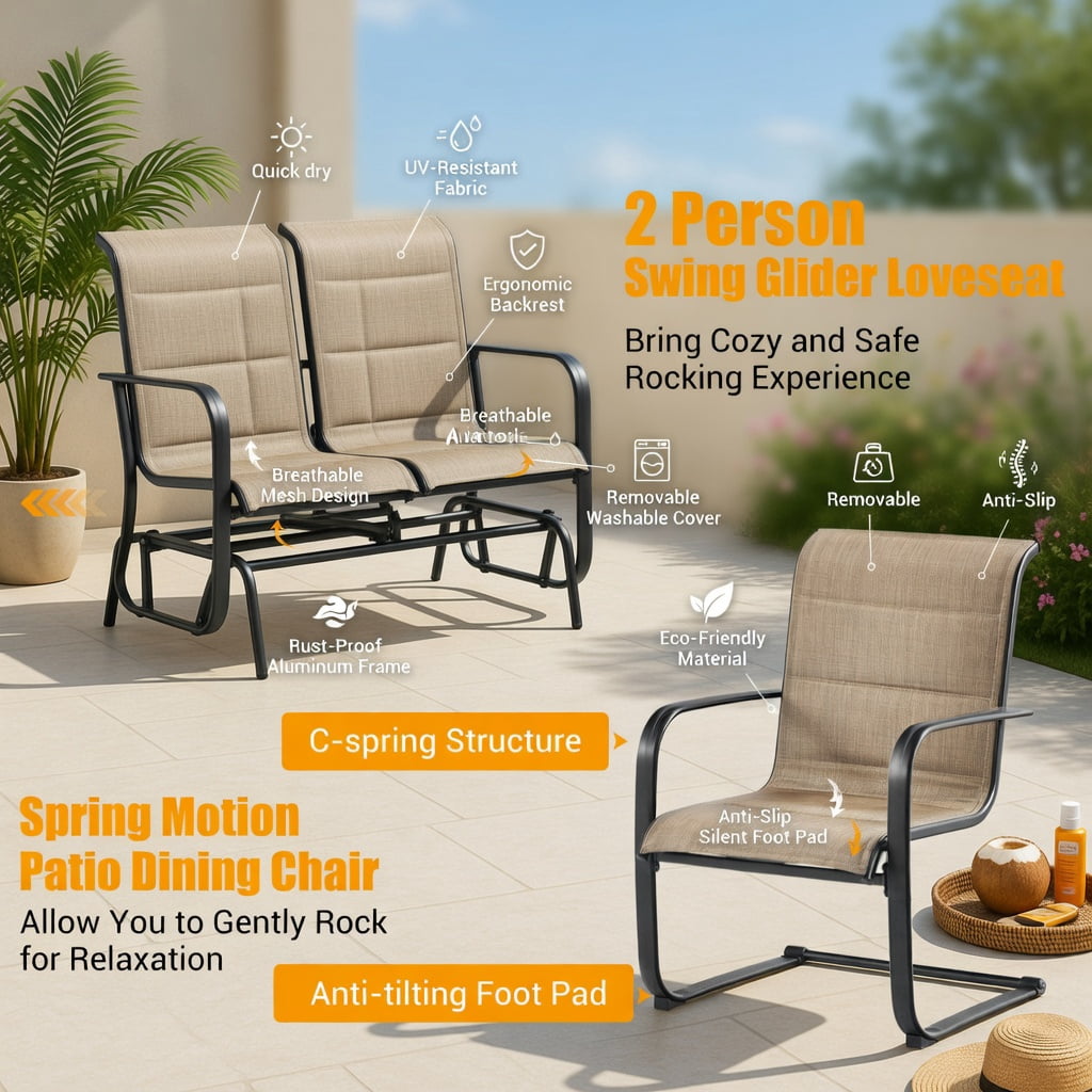 Hommoo 3-Piece Outdoor Bistro Set, Adjustable Backrest Chairs & Tempered Glass Table for Patio, Balcony, Porch, Gray