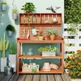thumbnail image 4 of 65" Outdoor Potting Bench Table, Farmhouse Wooden Garden Patio Workstation with 4 Storage Shelves and 3 Side Hooks, Multifunctional Potting Planting Table for Mudroom, Backyard, Natural, 4 of 7