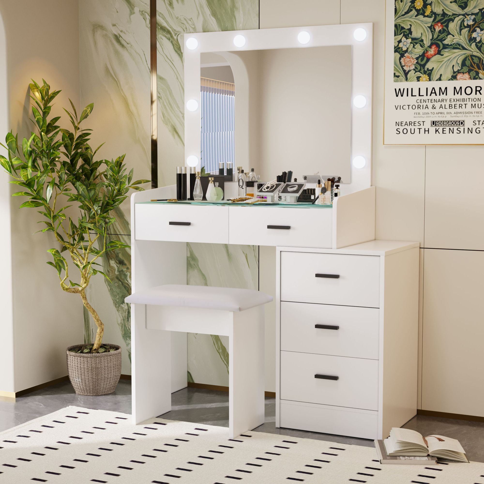 White Vanity Table Adjustable Dressing Table with 4 Drawers