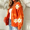 thumbnail image 4 of Womens Open Front Knit Cardigan 3D Daisy Floral Applique Long Sleeve Loose Fit Solid Color Casual Knitted Sweater Coat Orange 2XL, 4 of 4