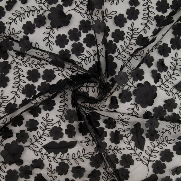 Zelouf Onika 3D Floral Embroidery On Mesh , Sewing, DIY, Crafts Fabric by the Yard, Black, 3 Yard