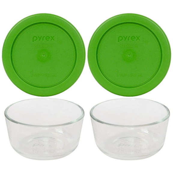 Pyrex 7202 1-Cup Clear Round Glass Food Storage Bowl and 7202-PC Lawn Green Plastic Lid (2-Pack)
