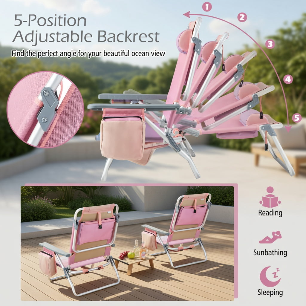 Hommoo 2-Pack Foldable Beach Chair with Adjustable Backrest, Pillow & Carry Bag, Pink