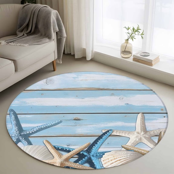 Round Rugs 3Ft, Blue Coastal Vintage Round Area Rug Washable Indoor Throw Carpet, Ocean Starfish Farmhouse Board Small Non Slip Circle Rug for Bedroom Living Room Home Decor Aesthetic