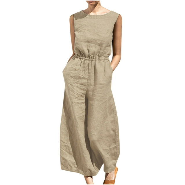 Yuyuzo Women Cotton Linen Jumpsuits Summer One-Piece Outfits Short Sleeve Wide Leg Long Pants Rompers