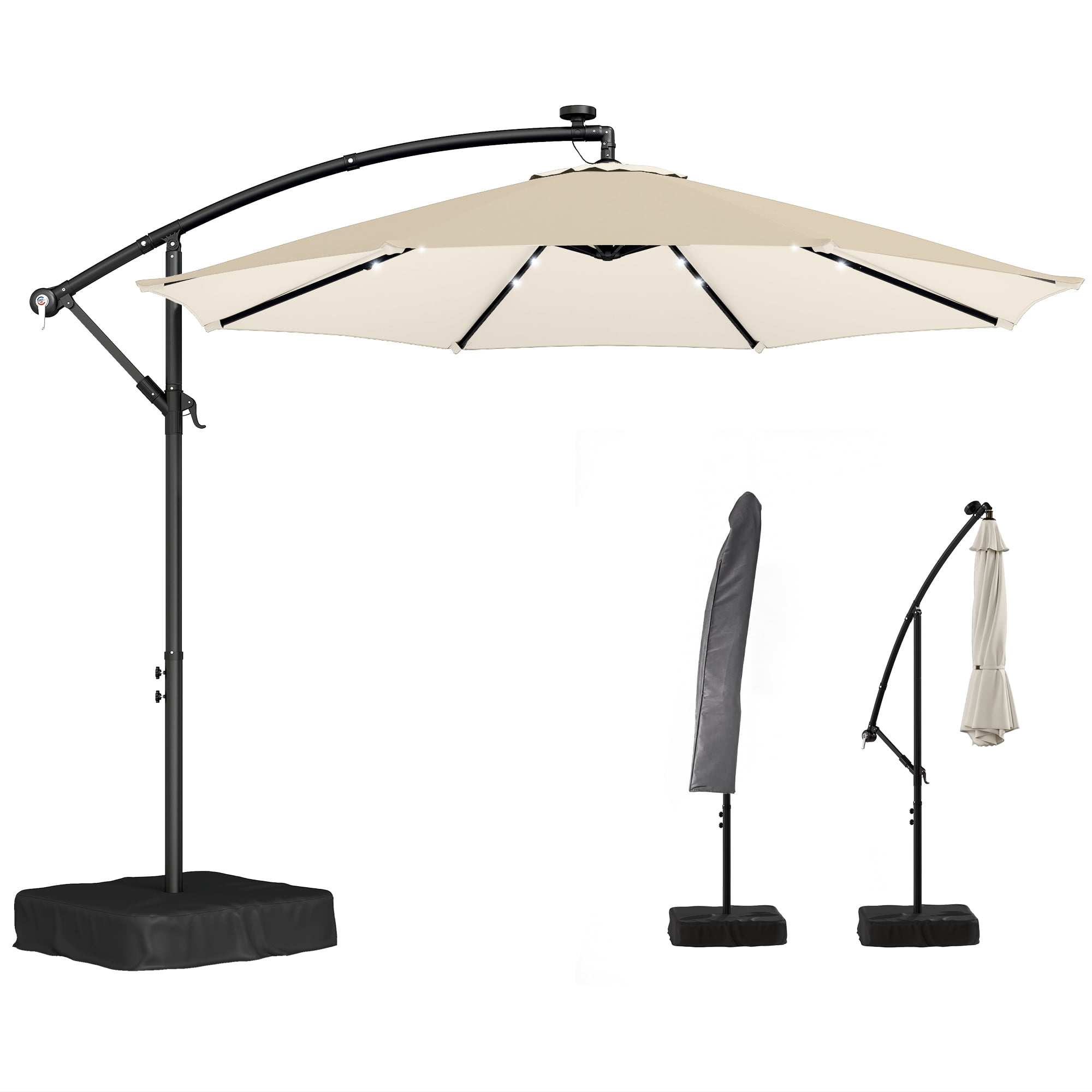 Outsunny 10 ft Cantilever Patio Umbrella with Solar LED Light, Sandbag Weight, Offset Hanging Outdoor Umbrella with Protective Cover, Cream White