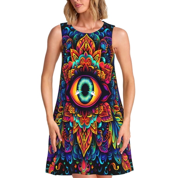 Fotbe Vibrant Psychedelic Eye Vestido de Verano sin Mangas para Mujer – Vestido Midi Línea A, Estilo Camiseta Floral, Vestido Playero Casual y Fluido