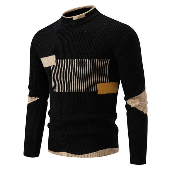 Black Mens Crochet Warm Knit Plain Color Block Loose Fit Top Shirts Undershirts Sets for Man Turtleneck Mock Neck Sweater Match Fall Winter Sets 2025 Clothing Trendy XXL