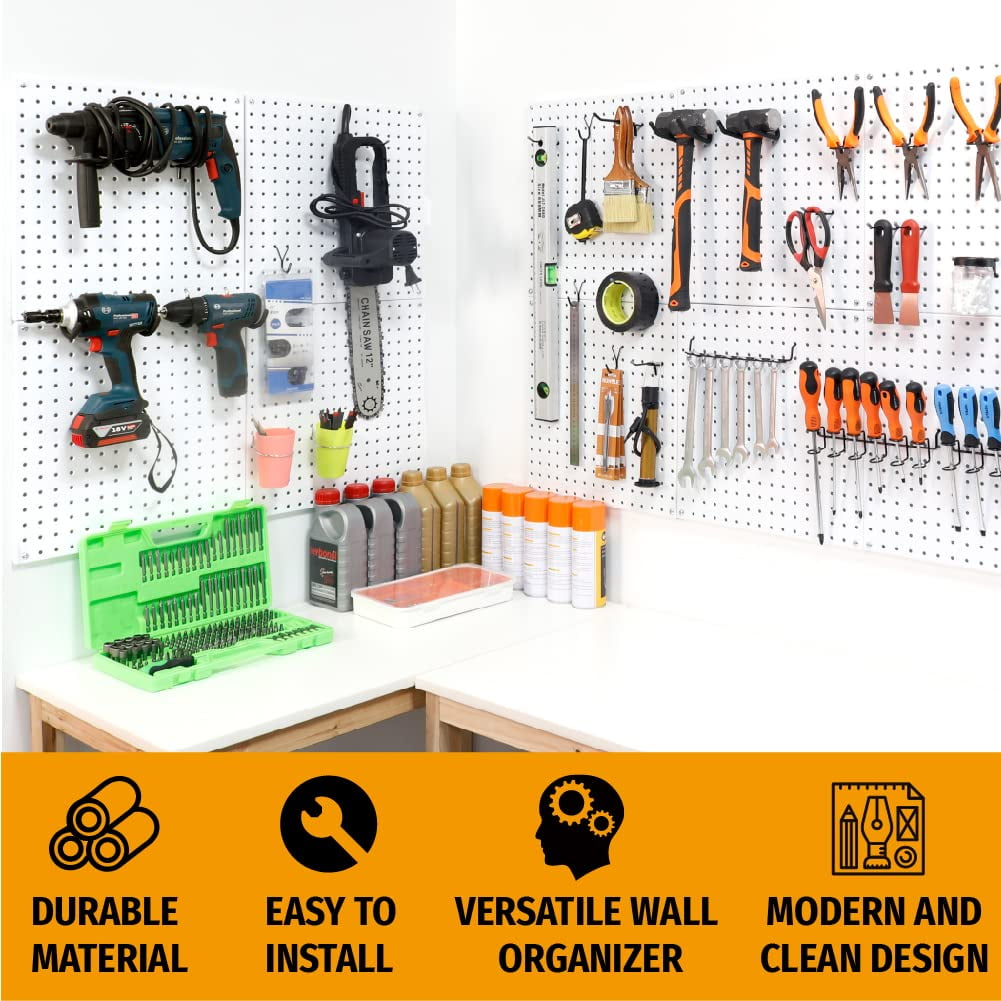 HUHOLE White Pegboard Organizer 4PC, 32-inch X 32-inch Metal Peg Board, Powder-Coated
