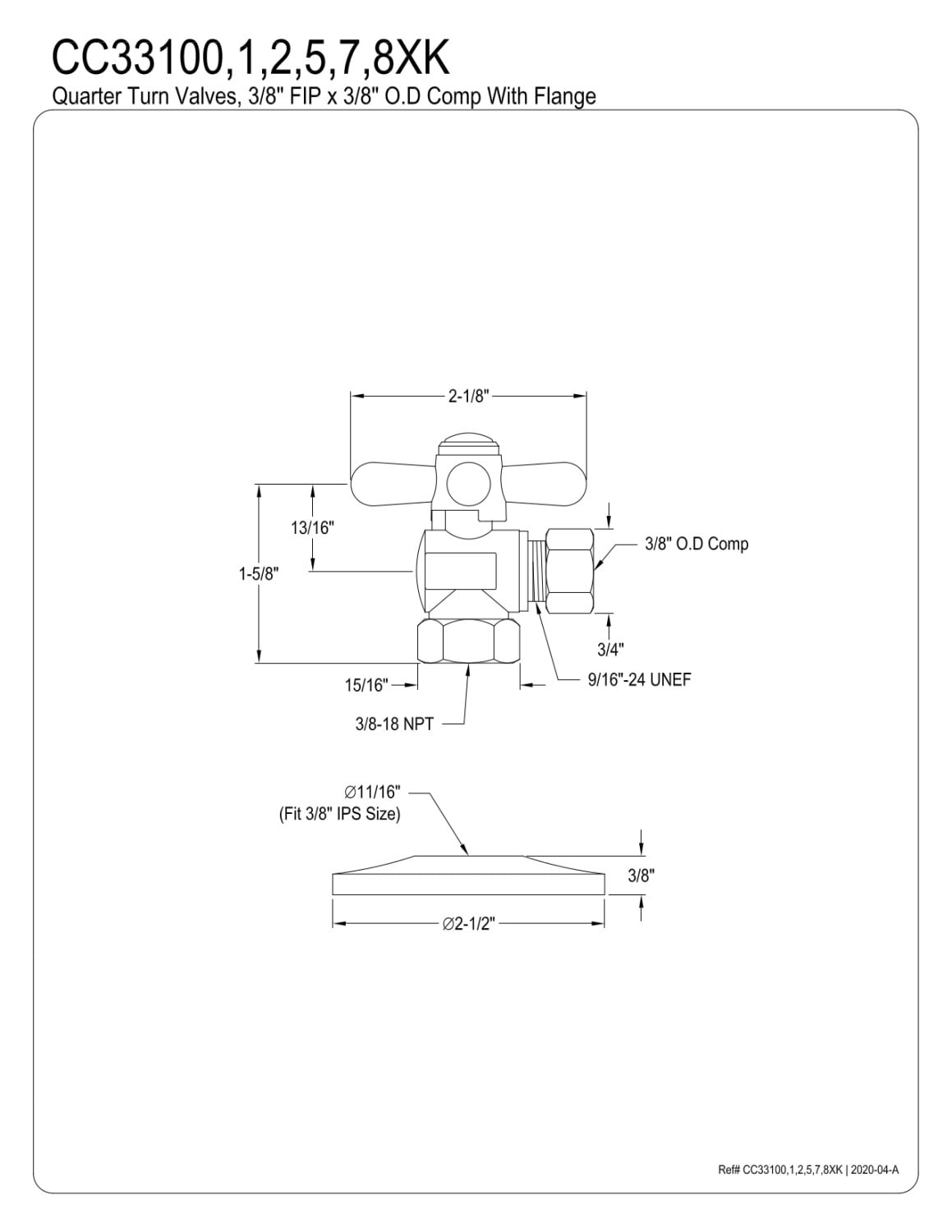 Kingston Brass CC33105XK 3/8" FIP x 3/8" OD Comp Quarter-Turn Angle Stop Valve with Flange, Oil Rubbed Bronze