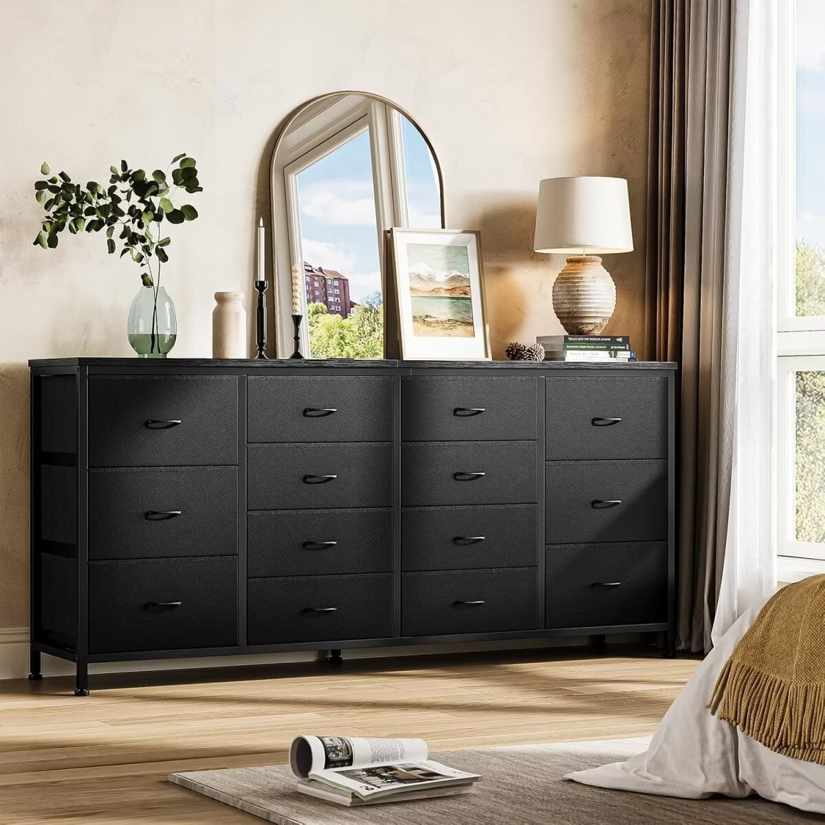 Dresser TV Stand for up to 75 Inch TV, 14 Drawer Dresser with Power Outlets & Wood Top, Long Fabric Dresser Organizer for Bedroom, Living Room, Entryway, Black