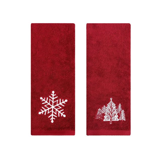Serviettes à Main de Noël pour Salle de Bain, Ensemble de 2 Serviettes en Coton Rouges avec Motif Brodé d'Orignal, Flocon de Neige et Arbre 15,75 Po x 27,56 Po
