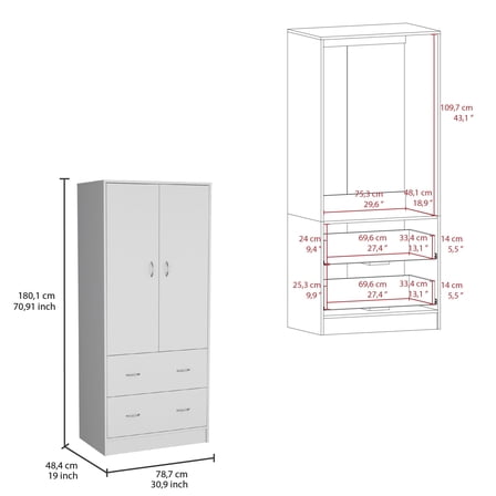 Newboti Furniture Taly Armoire with Double Doors, 2 Drawers, and Hanging Rod White 58508
