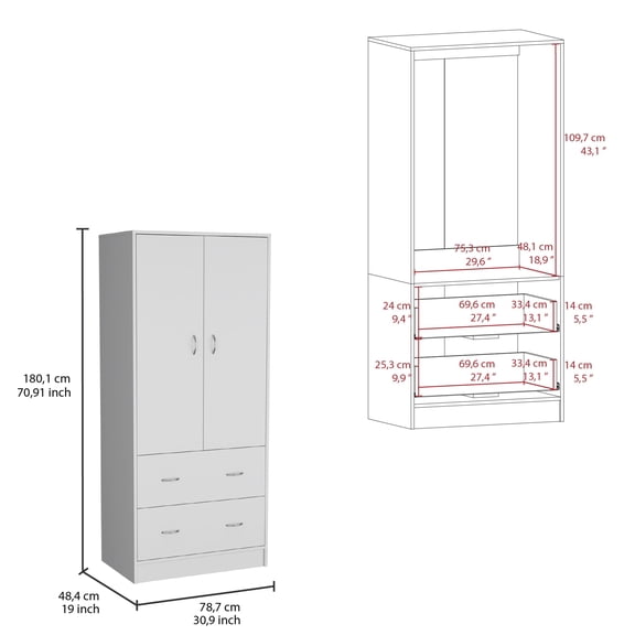 Newboti Furniture Taly Armoire with Double Doors, 2 Drawers, and Hanging Rod White 58508