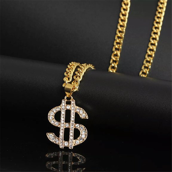 HOOUN USD Money Sign Pendant Necklace Men's Chain 18K Gold Plated Crystal Jewelry