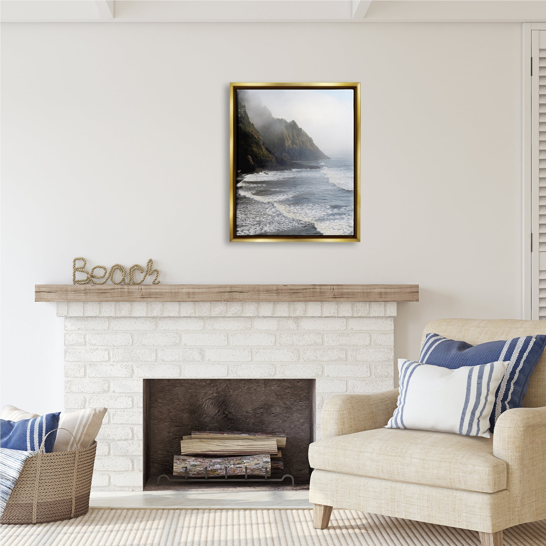 Stupell Industries Cliffside Sea Waves Landscape Nature Photography Gold Floater Framed Art Print Wall Art, 25 x 31