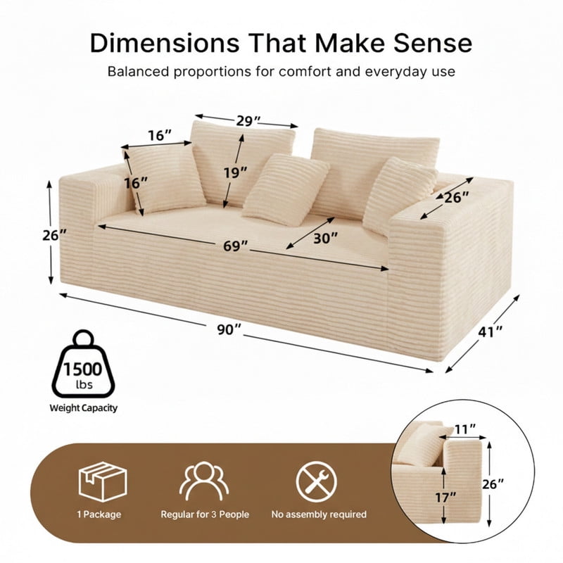 3-Seater Boneless Corduroy Upholstered Armrest Sofa, No Assembly Floor Couch, Memory Foam Large Loveseat with Throw Pillow