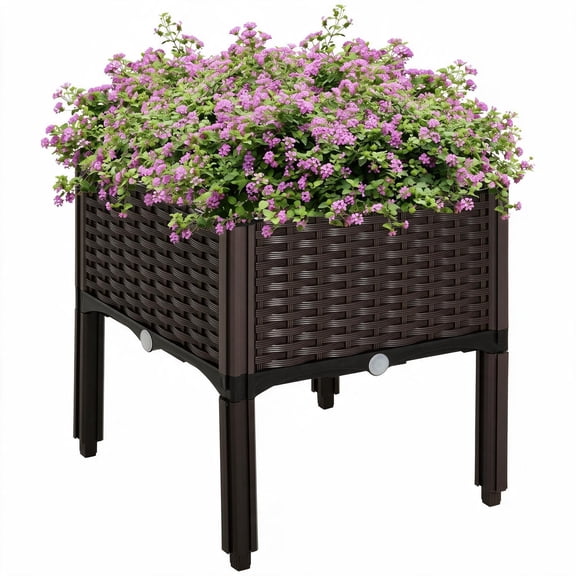 Outsunny Raised Garden Bed with Legs, Self-Watering Planter Box, Polypropylene Rattan Planter for Flowers Herbs Vegetables, Brown