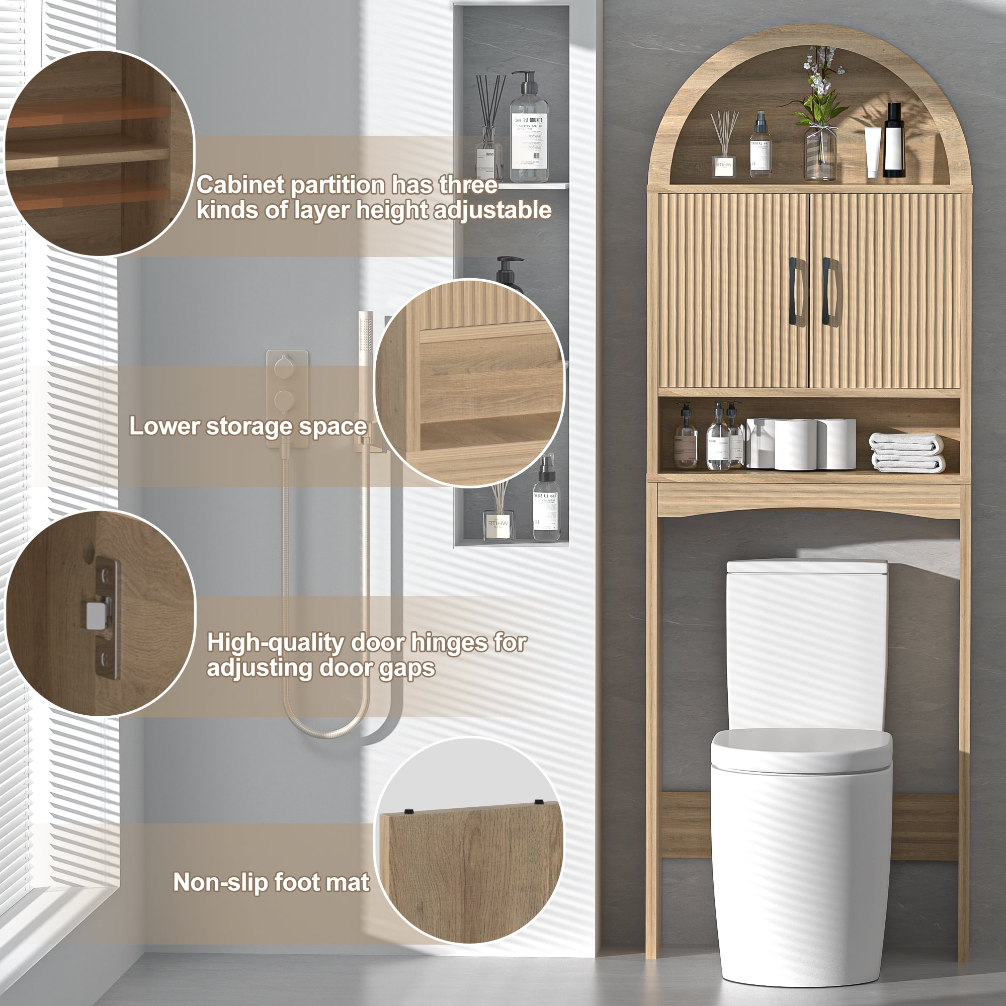 HARIPUL Over Toilet Storage Cabinet, Bathroom Space Saver Organizer with Doors and Shelves, Freestanding,  Wood Color