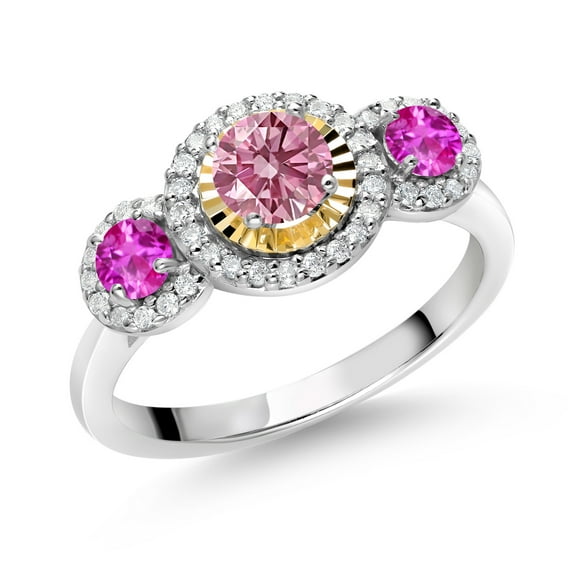 Gem Stone King 0.84 Ct Pink Lab Grown Diamond Pink Sapphire 925 Silver and 10K Yellow Gold 3 Stone Women Engagement Ring (Size 5)