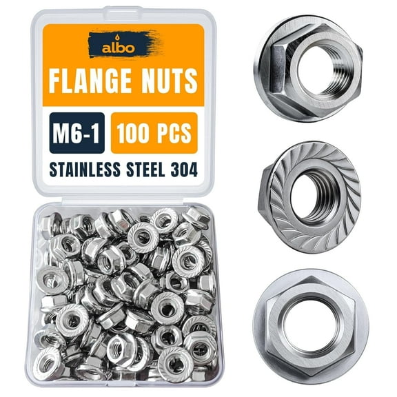 100 PCS M6-1.0 Hex Flange Lock Nuts – Stainless Steel 304, Set in Reusable Box – Hardware for Automotive & DIY – M6 Nuts, Metric Nut Assortment