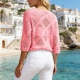 thumbnail image 3 of Ounisa Boho Crochet Tops for Women 3/4 Length Sleeve V Neck Hollow Out Knit Sweater Shirt Summer Lightweight Beach Cover Ups, 3 of 5