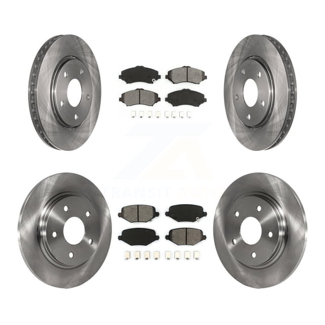 Transit Auto Front Rear Disc Brake Rotors and Semi-Metallic Pads Kit for Dodge Grand Caravan, Chrysler Town & Country, Journey, Ram C/V, and Volkswagen Routan. Includes two front and two rear disc brake rotors, along with front and rear semi-metallic brake pad sets with hardware. Designed for vehicles with single piston front calipers from 2012 to 2016. Features MetalliX™ low resin semi-metallic compound for superior braking performance and carbon-enhanced XCast™ iron castings for durability.