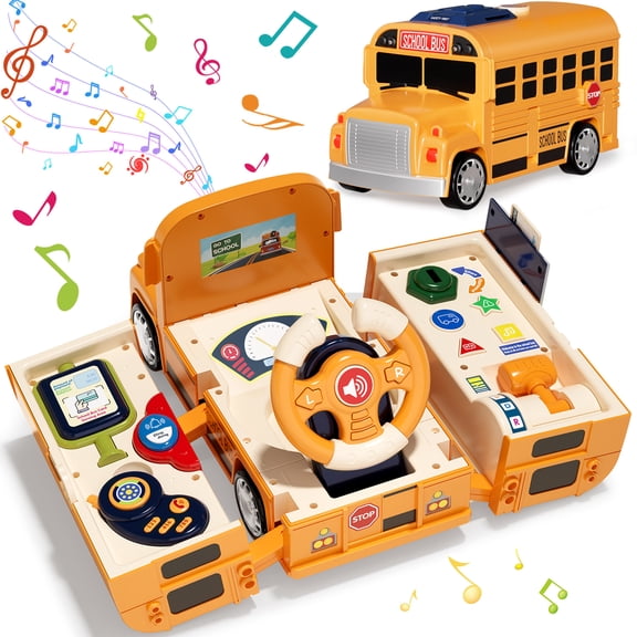 School Bus Toys with Sound & Story & Music, Toys for Boys 2 to 4 Years Old with Simulation Steering Wheel, Toddler Boy Toys age 3 5, Educational Learning Toys for Preschool, Best Gift for Boys Girls