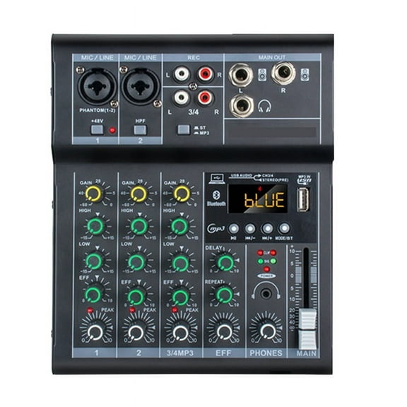 Professional Digital DJ Mixer Console 4 Channel Audio Mixer with USB Port Supports Bluetooth Connection Playback Black