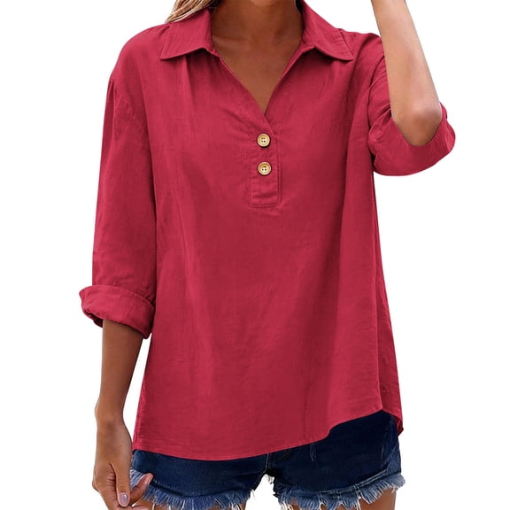 AUNVITO Women's Casual V-Neck T-Shirt Casual Fit Turn-Down Collar Three-Quarter Sleeve Cotton Linen Blend