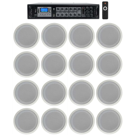 Rockville Commercial Receiver (16) 8" 2Way White Ceiling Speakers 4 Hotel/Office