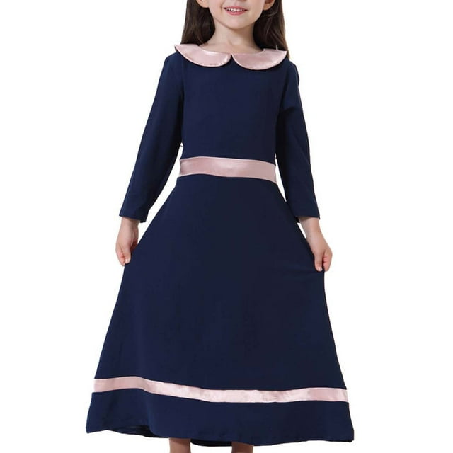 Robe à Manches Longues pour Filles Musulmanes Robe Longue Moyenne Grandes Filles Robe à Manches Longues Col Poupée Colorblock