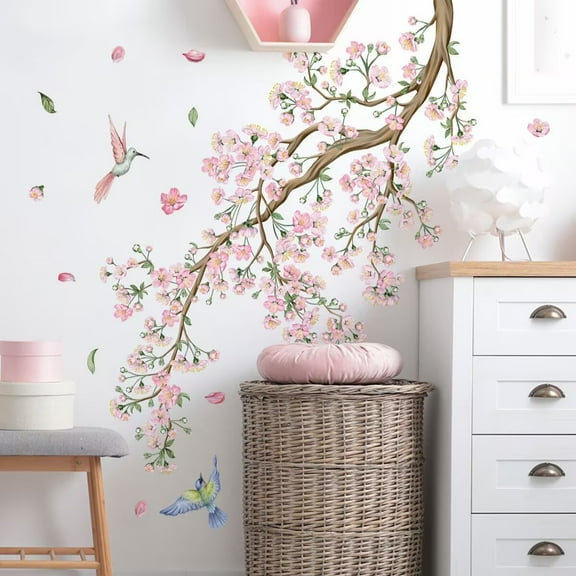 Cherry Blossom Tree Branch Wall Stickers Pink Flower Floral Birds Peel and Stick Wall Art Decals for Bedroom Living Room Sofa