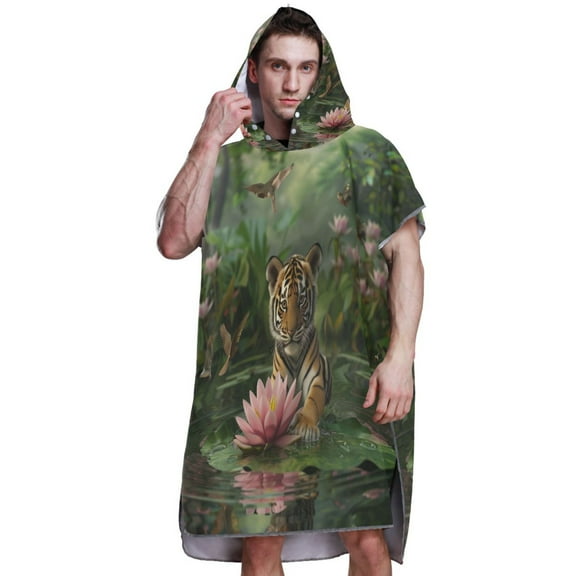 Hooded Beach Towel Adult Bath Poncho Towels Soft Absorbent Quick Dry for Surf Swim Pool Men Women Teens Baby Tiger Sits on Leaf