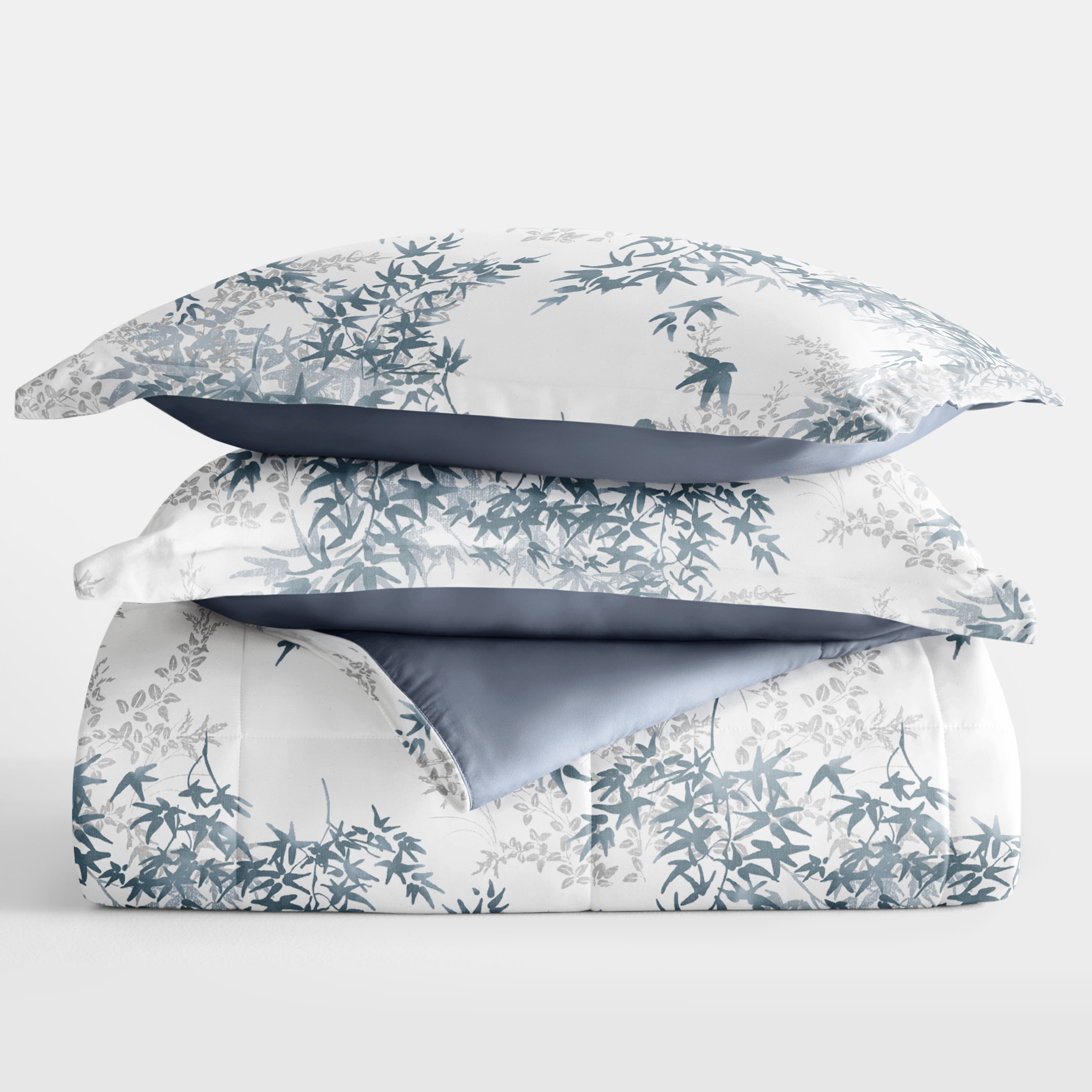 Noble Linens Down Alternative Bamboo Leaves Blue Stone Reversible Comforter Set