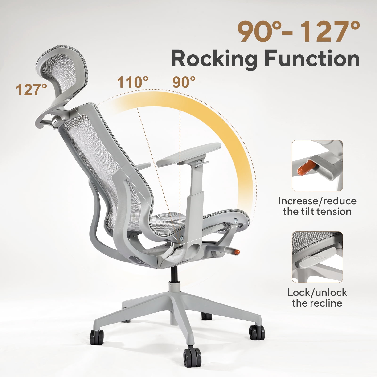 Nouhaus Airex Gray Mesh, High Back, Headrest, 3D Armrests, 3-Level Tilt, Wide Cushion Office Chair for Home & Office