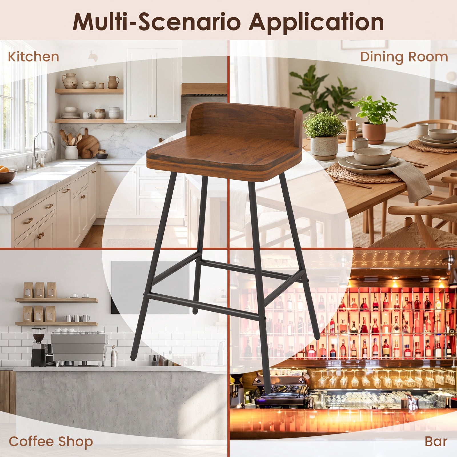 Furnibear 24" Industrial Rubber Wood Bar Stool with Low Back Metal Legs and Footrest for Kitchen Island Counter Bar Pub Dining Home, Brown