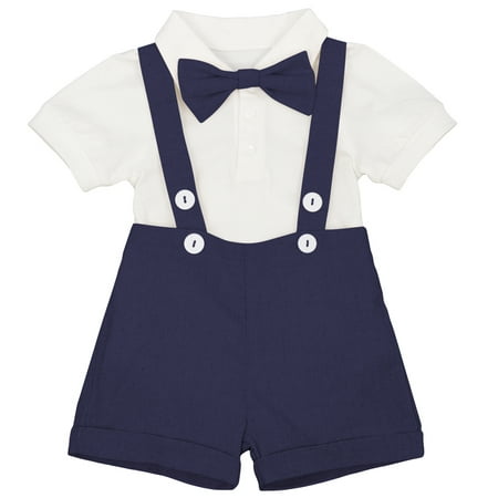 

Christening Outfits for Boys Summer Baptism Outfits Newborn Baby Dress Shirt Romper Bowtie Overalls Shorts 1st Birthday Cake Smash Easter Clothing Toddler Wedding Gentleman Suits Navy Blue 0-6 Months